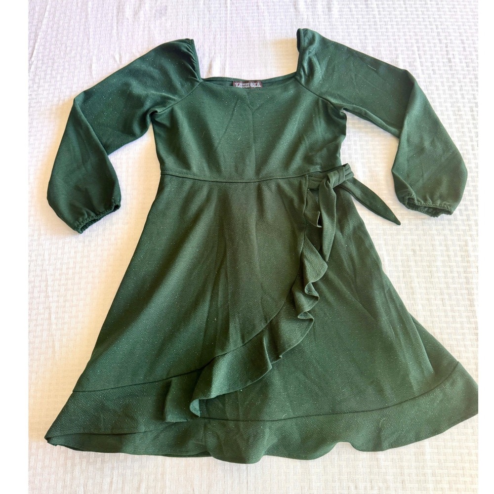 Trixxi Girl Dark Green Metallic Holiday Dress XL Long Sleeve Ruffle Faux Wrap